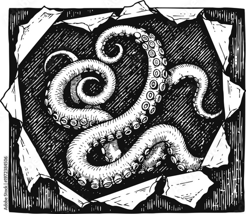 Octopus tentacles curling inside torn paper frame black and white detailed engraving illustration