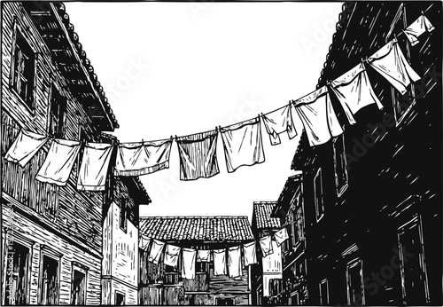 Vintage urban scene with clothes hanging on a line between old buildings in black and white illustration