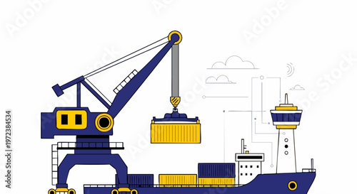 Industrial port crane loading cargo containers onto ship