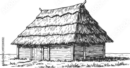 Traditional wooden house with thatched roof in countryside sketch design