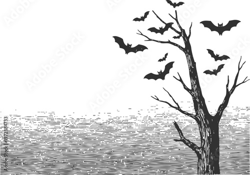 Flying bats around a barren tree on a cloudy sky background halloween spooky silhouette scene