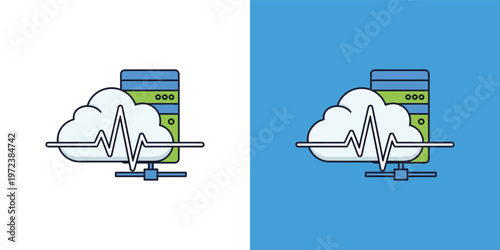 Concept of cloud server monitoring and data network health, illustrating real-time IT infrastructure performance and robust system management for reliable digital operations