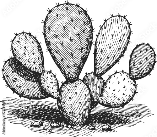 prickly pear cactus detailed illustration desert plant with oval pads and spines botanical engraving