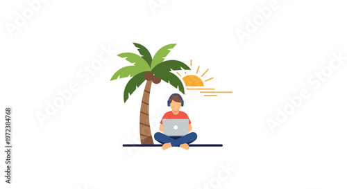 Woman Sitting Under Palm Tree.