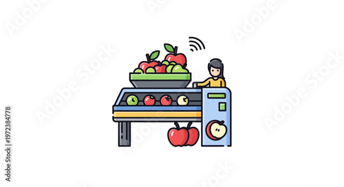 Woman sorts apples on conveyor belt.