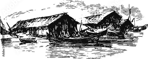 Traditional fishing village with wooden houses and boats on calm water, black and white illustration