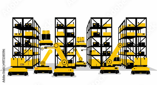 Automated warehouse robots organizing inventory on industrial storage shelves