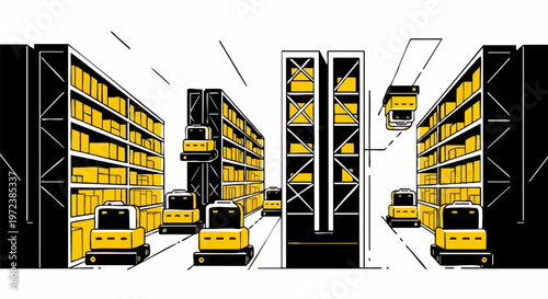 Automated warehouse with robotic systems in vector graphic design