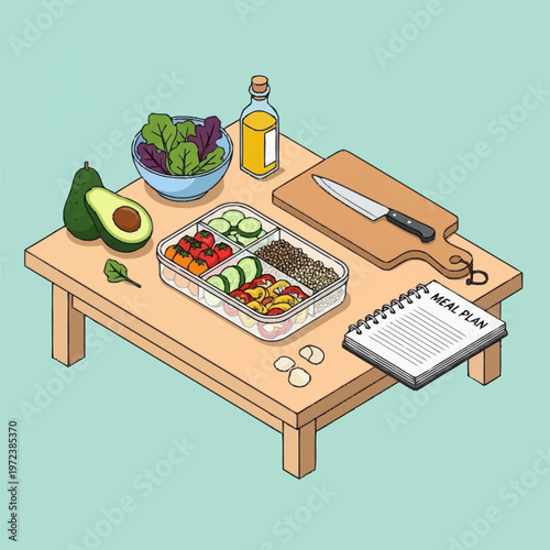 Healthy meal prep on wooden table.