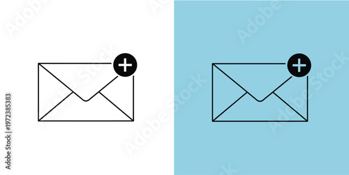 Modern line art vector icon depicting an envelope with a plus sign, symbolizing the action of adding a new email message, contact, or subscription, presented on a split background for versatile use