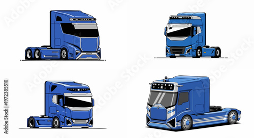 Pixel art vector illustration of blue semi-truck cabs
