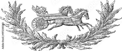 Vintage chariot with horses emblem surrounded by ornate laurel wreath design