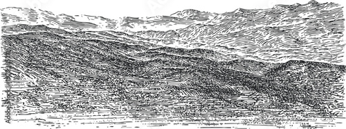 Mountain landscape illustration detailed hand drawn scenic view with hills and cloudy sky nature background with textured shading and lines