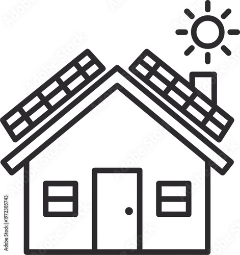 Solar powered house vector icon for renewable energy home sustainable living architecture eco-friendly electricity roof panel and green carbon neutral building designs.
