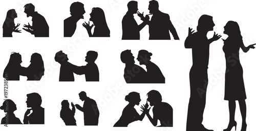 People Fighting Silhouette PNG Pack – Bickering, Arguing, and Conflict Human Figures, Dramatic Interaction Illustration Set Print