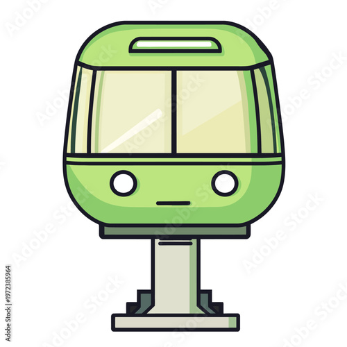 A cartoon depiction of a green aerial transportation vehicle, with windows and a support