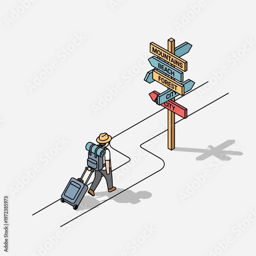 Man with luggage at crossroads with directional signs.