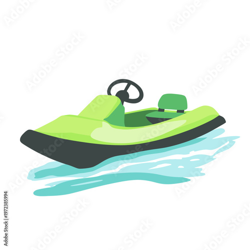 A cartoon depiction of a small green motorboat with a steering wheel and a seat on the water