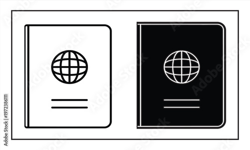 Two passport icons black and white representation of international travel documents with globe emblems