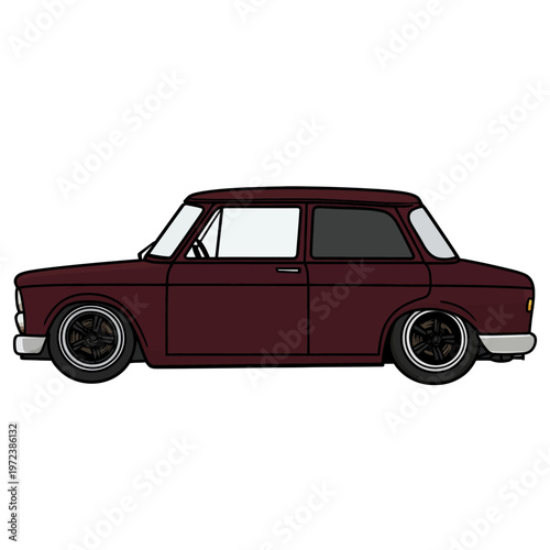 Cartoon rendering of a classic two-door automobile in a dark red color, lowered suspension