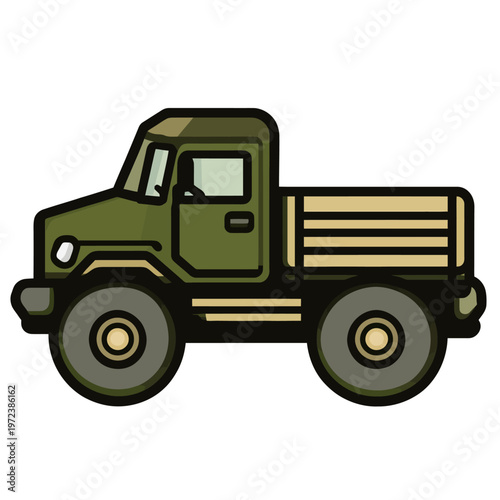 A side view of a cartoon-styled, olive green pickup truck with a tan bed, large tires, and a white background