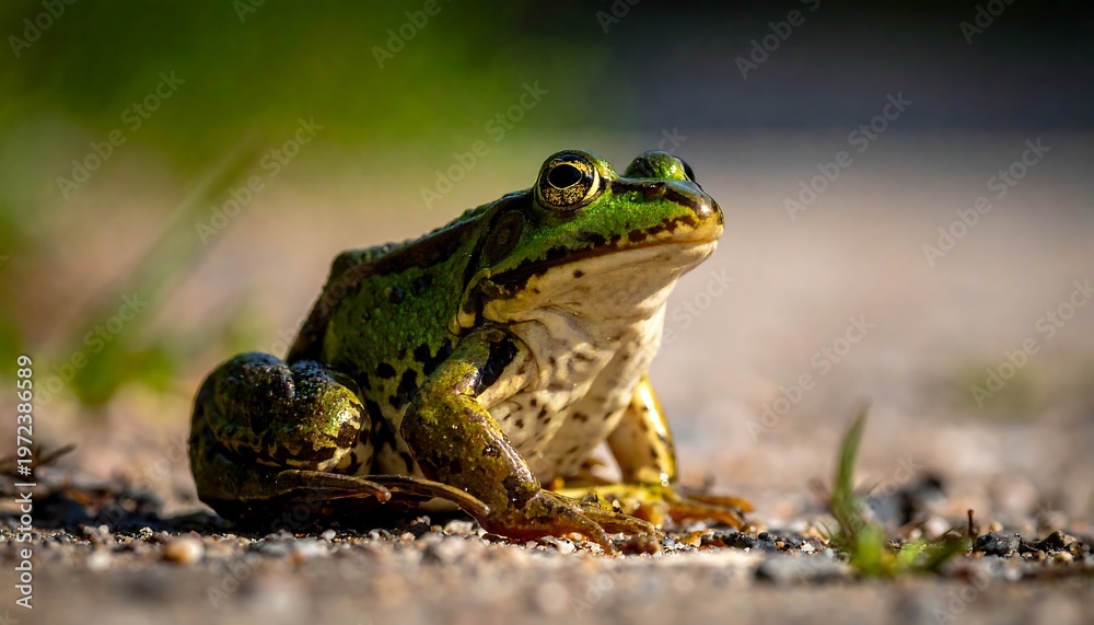 Obraz premium Green frog sitting on the ground, focused and alert.