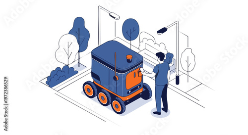 Man Interacting With A Modern Autonomous Delivery Robot