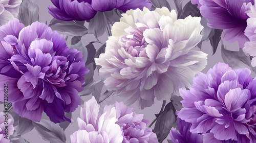 A beautiful floral pattern featuring large purple and white flowers with lush green leaves on a soft gray background