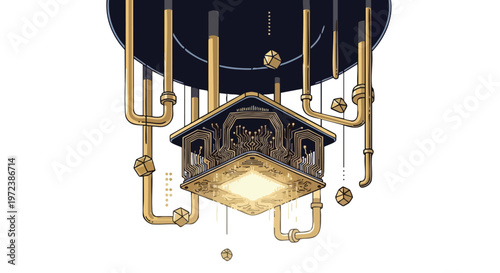 Abstract industrial architecture suspended by complex golden pipes