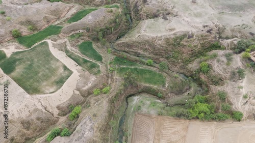 Cinematic Drone Flight Over Irrigated Farmland and Eroded Ravines, aerial view of deep stream winding through wheats crops and cultivated land