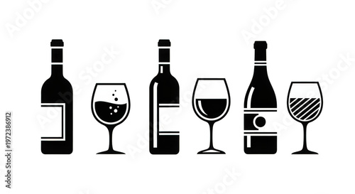 black icons of wine bottles and wine glasses