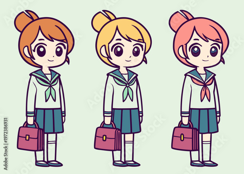 Three anime schoolgirls with different hair colors stand in a line wearing sailor uniforms and carrying school bags against a green background.