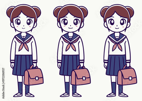 Three identical schoolgirls with brown hair in twin buns wear navy blue sailor uniforms while holding pink bags on a white background.