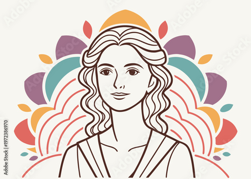 A line drawing of a beautiful woman with wavy hair looking forward is set against a vibrant multicolored lotus petal pattern background.