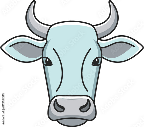 Cow head illustration with horns and calm expression, farm animal portrait in clean vector style for agriculture, livestock, dairy and rural design