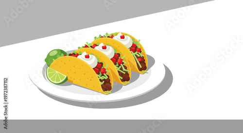 Three delicious tacos with lime on a white plate