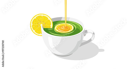 Green tea with lemon and honey being poured