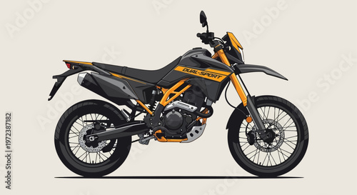 Illustration of a black and orange dual sport motorcycle.