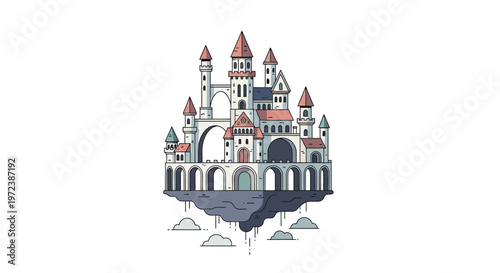 A whimsical floating castle island illustration on a clean white background.