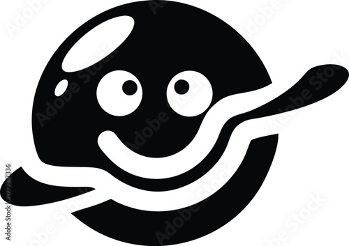 Smiling black and white cartoon planet with a swirling tail