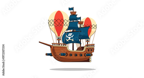 Whimsical pirate airship with hot air balloons floating on a white background.