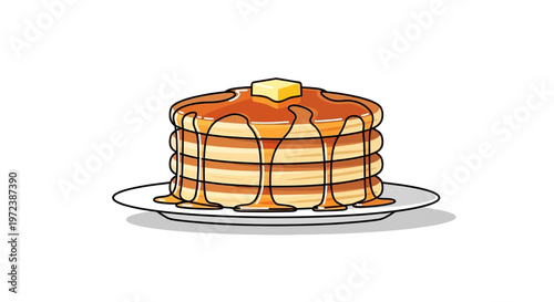 A delicious stack of pancakes drizzled with maple syrup and topped with butter.