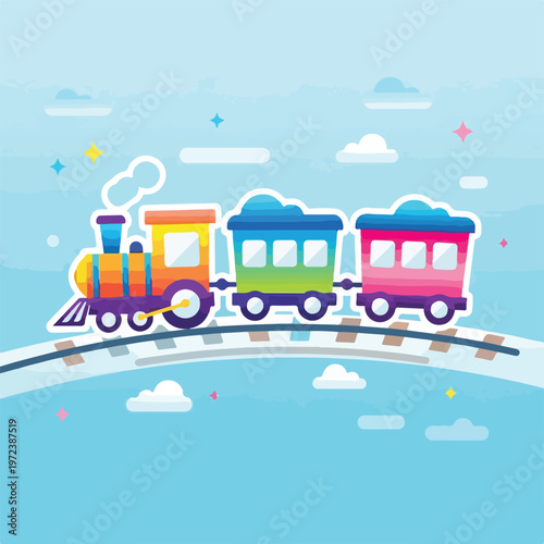 фотографія Colorful cartoon train on tracks moving.