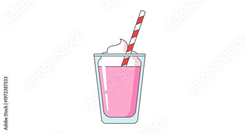 Strawberry milkshake with whipped cream and striped straw.