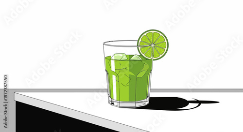 A refreshing green drink with lime and ice cubes in a minimalist style.