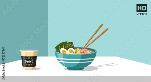 Delicious Japanese ramen bowl with chopsticks and a coffee cup.