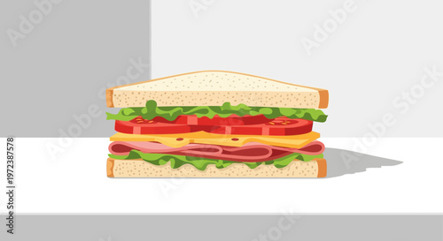 A delicious layered club sandwich with fresh ingredients on a minimalist background.