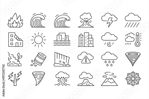 Natural Disaster Icons Set with Climate Hazard and Emergency Symbols