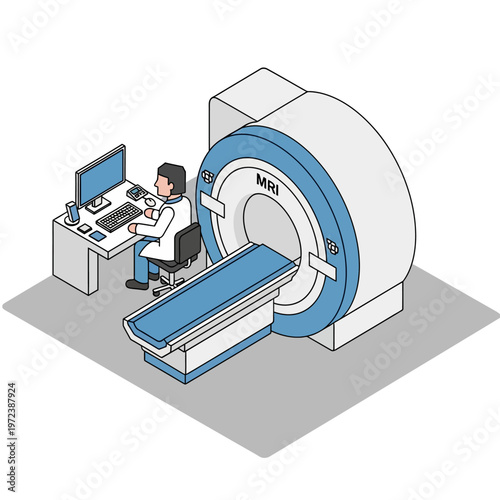 Doctor operating MRI machine in hospital.