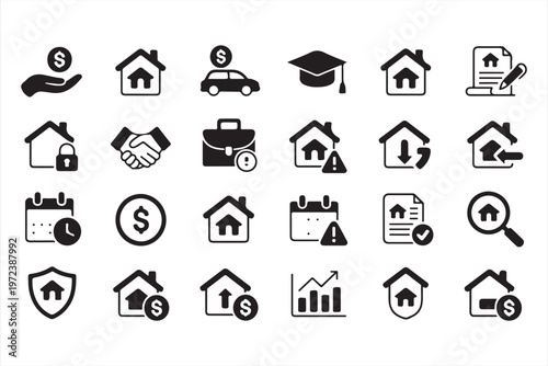 Housing Market Icons with Home Ownership and Financial Planning Elements